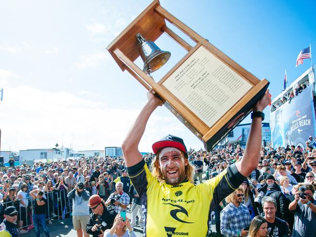 Matt Wilkinson hoists his bell after winning the Rip Curl Pro Bells Beach. Pic: WSL