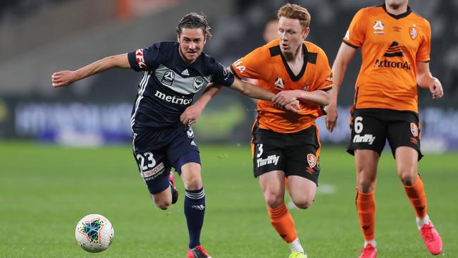 Victory’s Marco Rojas holds of Brisbane’s Corey Brown at Bankwest Stadium Picture: Getty Images