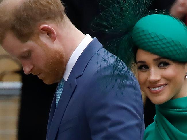 Britain's Prince Harry, Duke of Sussex, (L) and Meghan, Duchess of Sussex arrive to attend the annual Commonwealth Service at Westminster Abbey in London on March 09, 2020. - Britain's Queen Elizabeth II has been the Head of the Commonwealth throughout her reign. Organised by the Royal Commonwealth Society, the Service is the largest annual inter-faith gathering in the United Kingdom. (Photo by Tolga AKMEN / AFP)