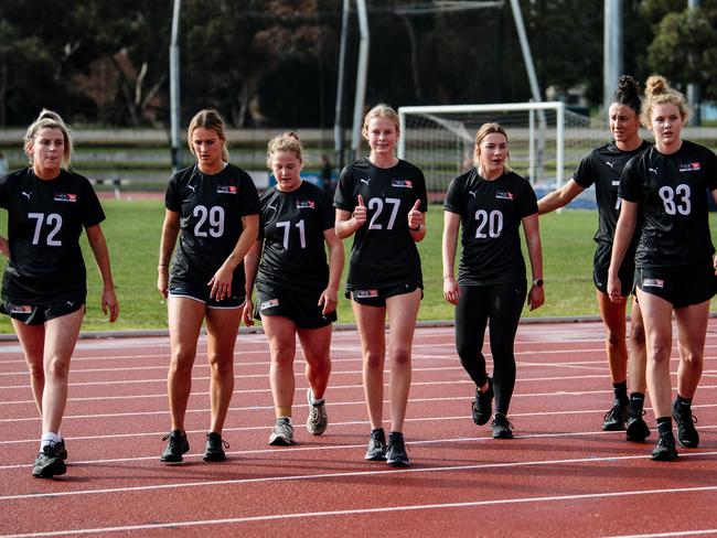 Last year’s 2021 AFLW Draft Combine invitees included Zoe Venning, Tahlita Buethke, Abbie Ballard (drafted by Crows), Brooke Tonon (drafted by Crows), Lauren Breguet, Leah Cutting (signed by St Kilda) and Zoe Prowse (drafted by Crows). Picture: Morgan Sett