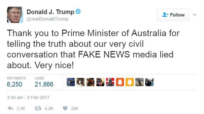 US President Donald Trump accuses the media of perpetuating “fake news”. (Pic: Twitter/Supplied)