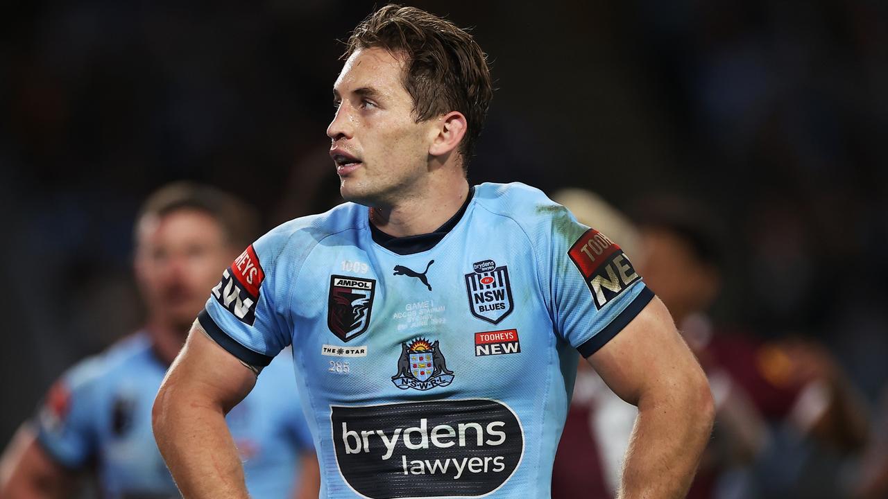 SYDNEY, AUSTRALIA - JUNE 08: Cameron Murray of the Blues looks dejected after the try to Valentine Holmes of the Maroons during game one of the 2022 State of Origin series between the New South Wales Blues and the Queensland Maroons at Accor Stadium on June 08, 2022, in Sydney, Australia. (Photo by Mark Kolbe/Getty Images)