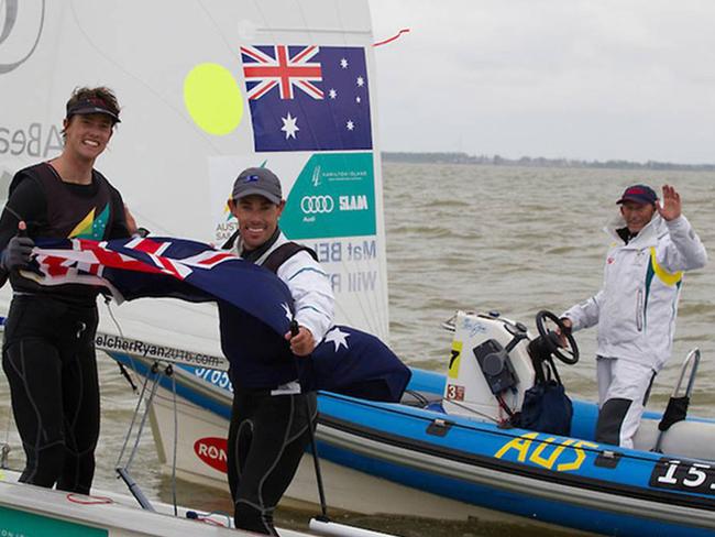 Will Ryan Mat Belcher and coach Victor Kovalenko at the world 470 championships.