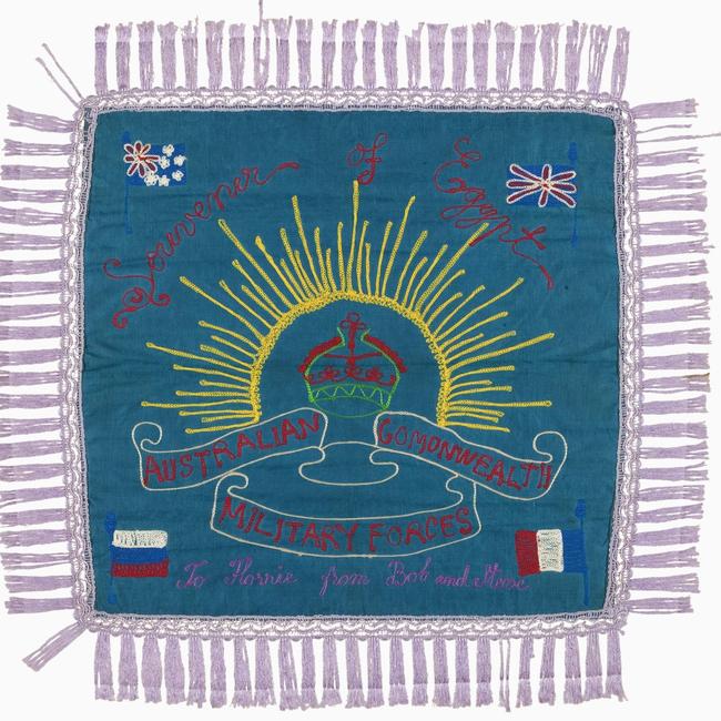 An embroidered cushion cover sent to Florrie by her brothers. Courtesy Australian War Memorial. AWM REL/05140