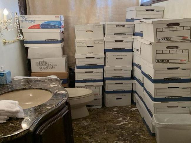 Boxes, allegedly containing some of the government documents in question, were at one point stored in a Mar-a-Lago bathroom. Picture: US Department of Justice/AFP