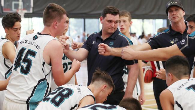 Basketball Queensland Under-16 Boys State Championships at the Coomera Indoor Sports Centre.Northside Wizards v North Gold Coast Seahawks. Seahawks half time. Picture Glenn Hampson
