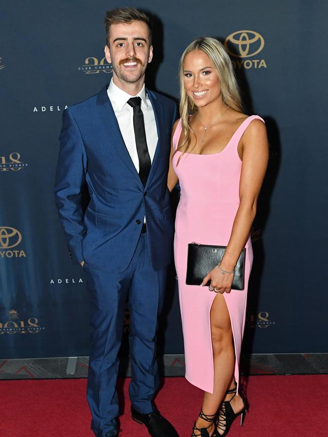 Jordan Gallucci and girlfriend Lily Ritchie on the red carpet at the Adelaide Crows Club Champion Awards at the Adelaide Entertainment Centre.