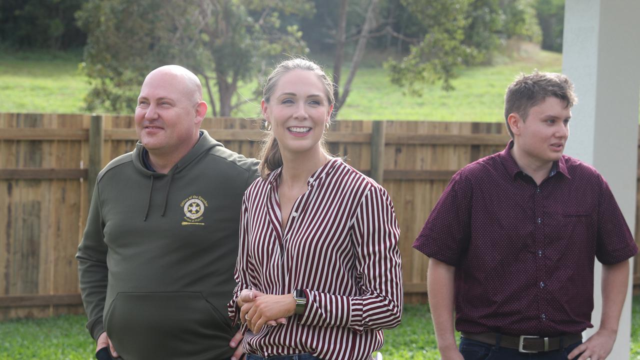 Member for Mulgrave, Curtis Pitt and Housing Minister Meaghan Scanlon inspect a home at Mount Peter, south of Cairns on Tuesday, June 25, along with prospective home owner, Jack White. Picture: Samuel Davis