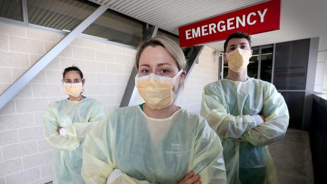 Carona Angels  at PA Hospital picture (left to right) Sarah Borg aged 32Acting nurse educator for COVID-19, Claire Ward aged 36 Acting clinical nurse consultant for COVID-19 and John Ash aged 30Acting clinical nurse consultant for COVID-19 first point of contact to the Caronavirus patents Pic Jamie Hanson