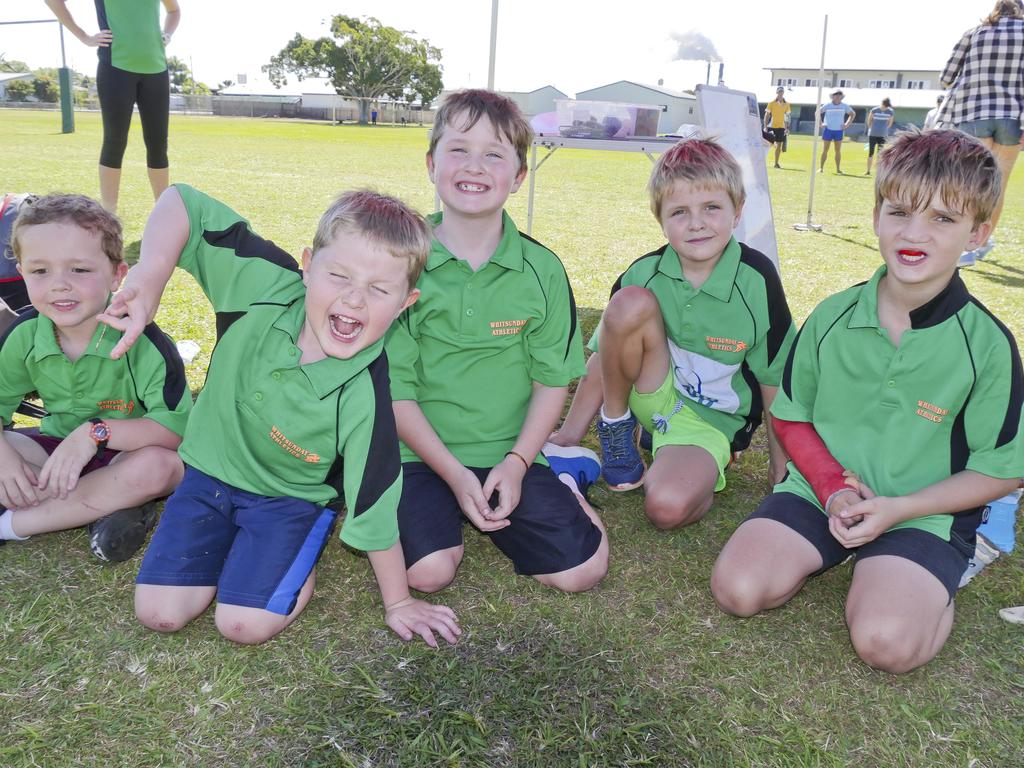 James Noel, Xavier Woods, Jai Woods, Nick Stafani and Stirling Edwards-Bland at the Whitsunday Athletics Club’s Whitsunday Club Challenge against Bowen in 2018 in Proserpine.