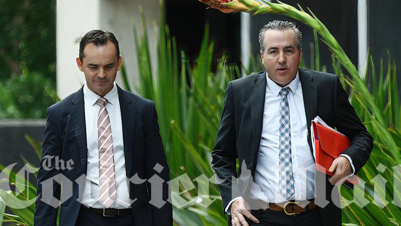 Stafford MP Jimmy Sullivan (right) at the Brisbane Magistrates Court on Thursday. Picture: Lyndon Mechielsen/Courier Mail