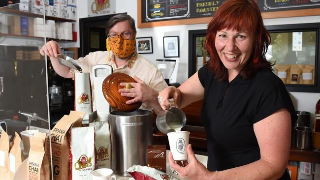 Peter Tracy (barista) and Dunja Rezo (manager) at Quists Coffee in Little Collins Street, Melbourne. Picture: Josie Hayden