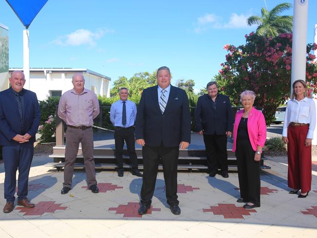 (L to R)Whitsunday Regional Council Division 6 councillor Mike Brunker, Division 5 councillor Gary Simpson, Division 2 councillor Al Grundy, Mayor Andrew Willcox, deputy mayor and Division 3 councillor John Collins, Division 1 councillor Jan Clifford and Division 4 councillor Michelle Wright. Picture: Jordan Gilliland