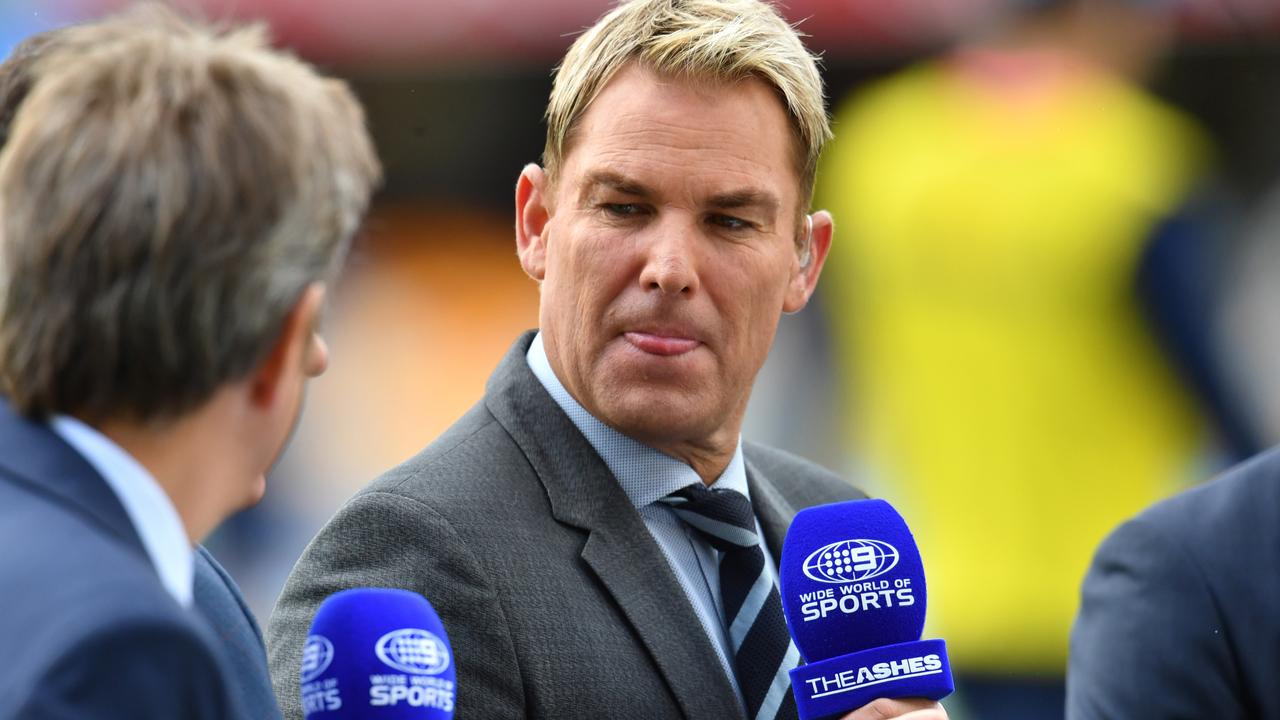 Former Australian player Shane Warne is seen commentating for Australian TV on Day 1 of the First Test match between Australia and England at the Gabba in Brisbane, Thursday, November 23, 2017. (AAP Image/Darren England) NO ARCHIVING, EDITORIAL USE ONLY, IMAGES TO BE USED FOR NEWS REPORTING PURPOSES ONLY, NO COMMERCIAL USE WHATSOEVER, NO USE IN BOOKS WITHOUT PRIOR WRITTEN CONSENT FROM AAP