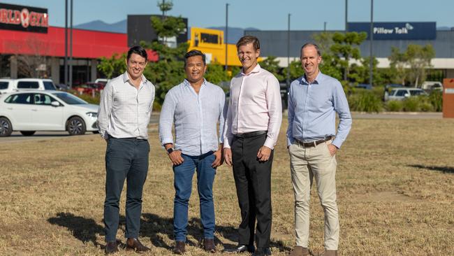 Geon's Alejandro Hogan-Griffin, The Rooks Jerry Wilks, Geon's Ben Griffin and Mark Hunt at the site of The Rook and Chipmunks Indoor Playground. Picture: Roslyn Budd.