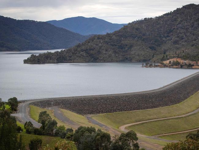 GOULBURN REGION, JUNE 22, 2023: The Eildon Dam wall as the dam sits at 98% capacity. Picture: Mark Stewart