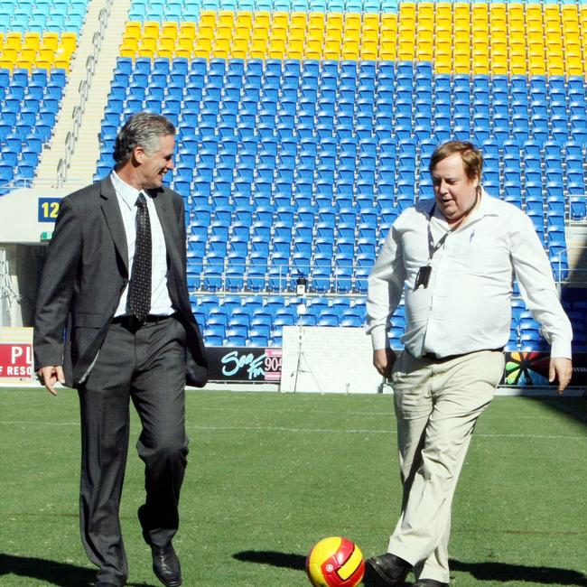 Miron Bleiberg (left) and Clive Palmer at the launch of Gold Coast United.