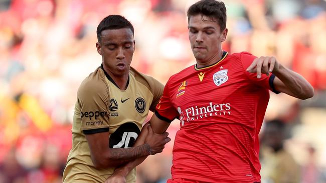 Adelaide United’s George Blackwood scored one penalty and missed another late on in the Reds’ dramatic home loss to Western Sydney. Picture: AAP Image/James Elsby