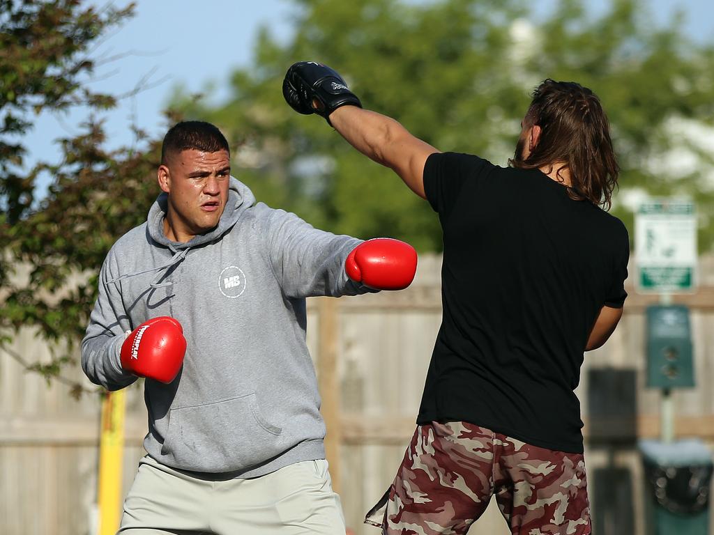 A day in the life of heavyweight UFC fighter Tai Tuivasa before he fights in UFC 225 on the weekend in Chicago, USA. Tai training in the car park of his hotel 90mins out of town. Picture: Sam Ruttyn