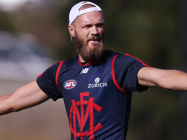 MELBOURNE, AUSTRALIA - MARCH 27: Max Gawn of the Demons gestures during a Melbourne Demons AFL training session at Gosch's Paddock on March 27, 2019 in Melbourne, Australia. (Photo by Michael Dodge/Getty Images)