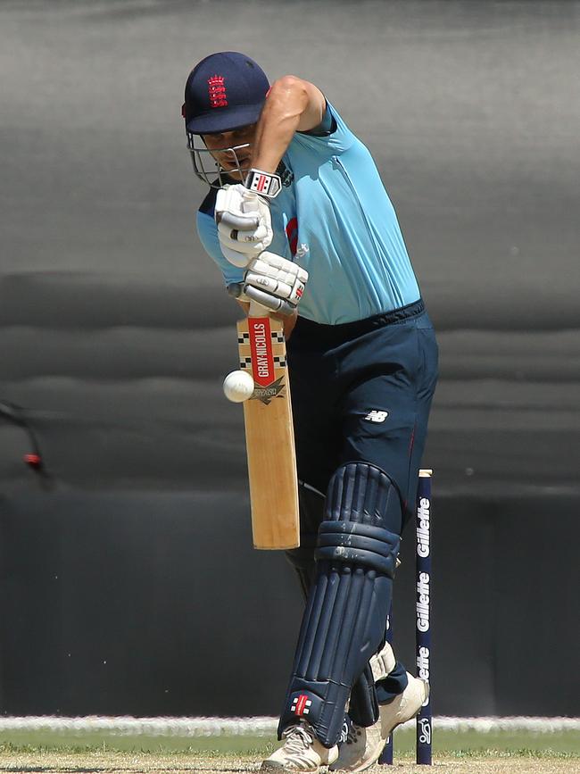Cricket, Australia XI team playing England Lions in a one-day match at Metricon Stadium. Lion 48 Sam Hain. Pic Mike Batterham