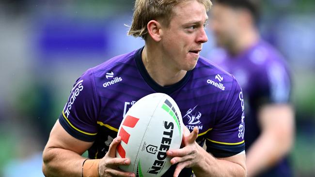 MELBOURNE, AUSTRALIA - SEPTEMBER 14:  Tyran Wishart of the Storm warms up before the NRL Qualifying Final match between Melbourne Storm and Cronulla Sharks at AAMI Park on September 14, 2024 in Melbourne, Australia. (Photo by Quinn Rooney/Getty Images)