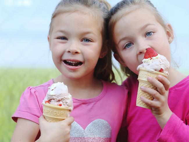 5-year-old twins Zoe and Ella Kirchner, Raceview, enjoying their first ever Ekka Strawberry Sundae. Pics Tara Croser.