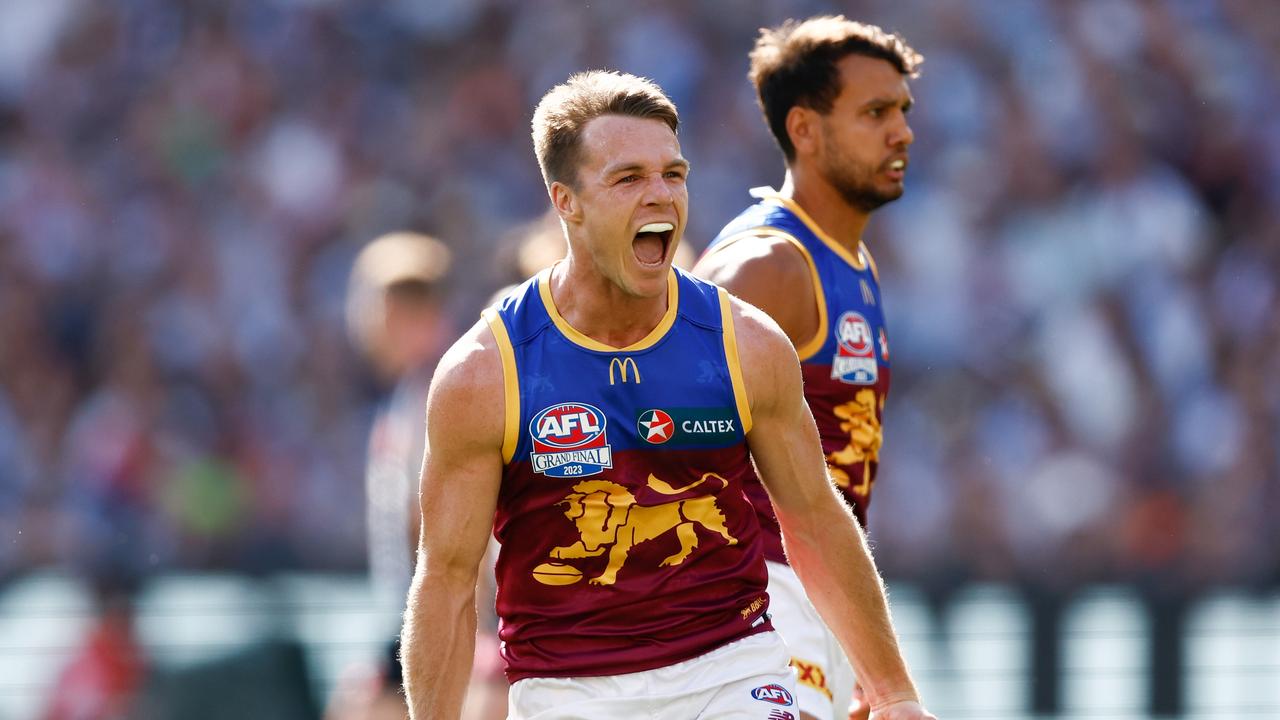 Lions forward Linc McCarthy celebrates a goal in last season’s grand final, but it was Collingwood who had the last laugh. Picture: Michael Willson/AFL Photos via Getty Images