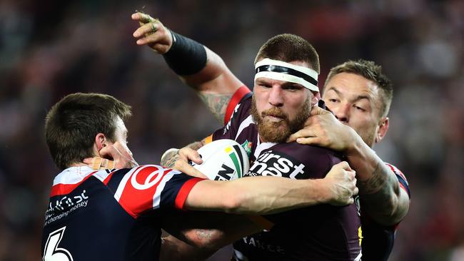 Josh McGuire on the charge for the Broncos. Picture: Brett Costello