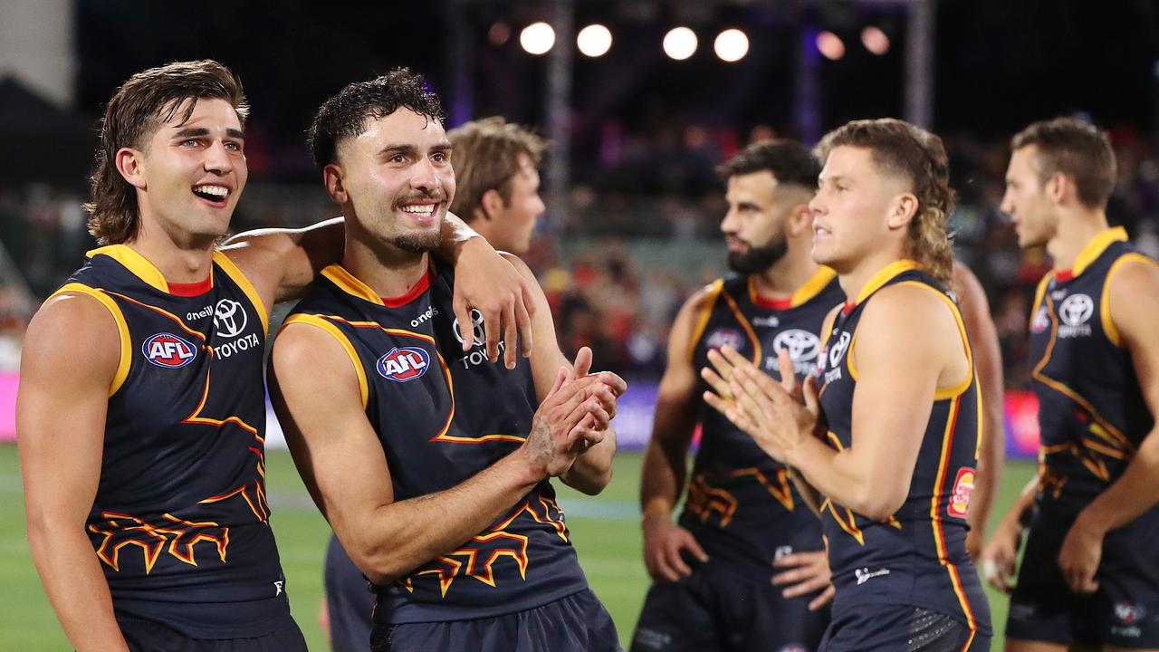 The Crows got the party started in Adelaide. Photo by Sarah Reed/AFL Photos via Getty Images.