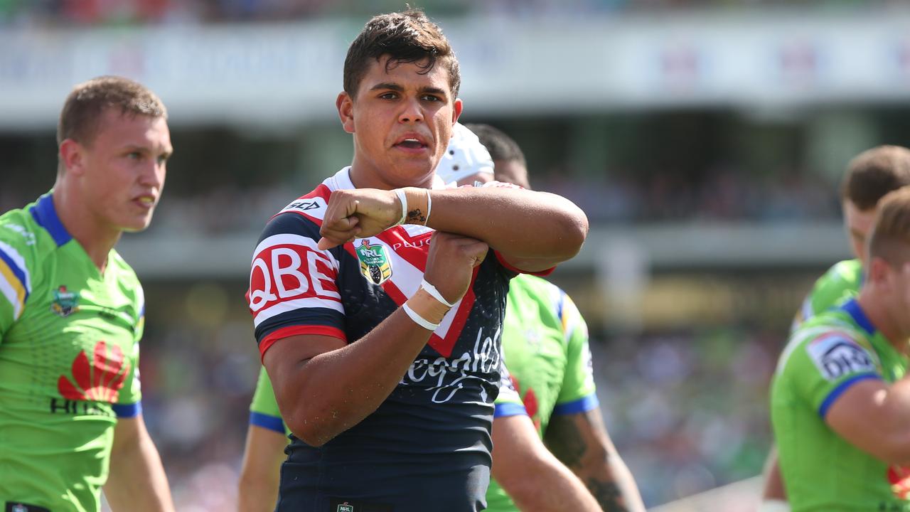 Rosters Latrell Mitchell celebrates a try against Canberra