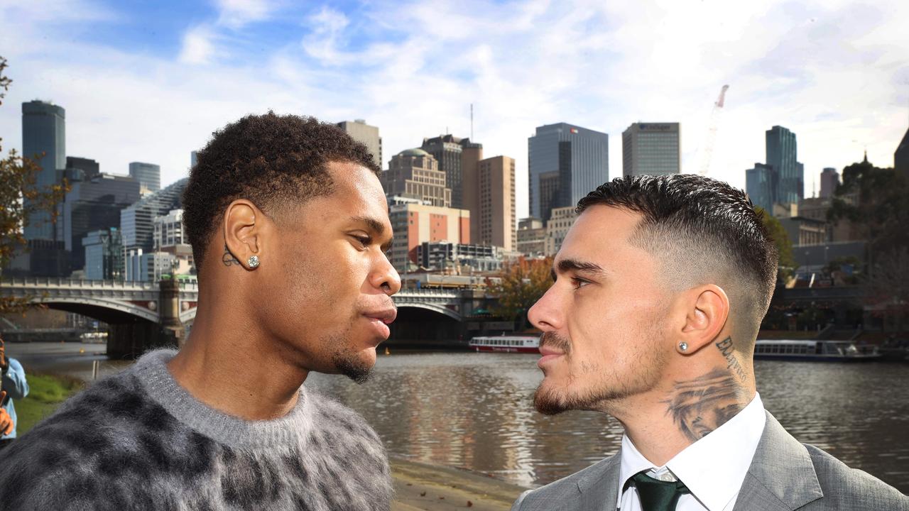 George Kambosos Jr and Devin Haney joined by key fighters on the Undercard at the traditional pre-fight press conference. American Devin Haney and Australian George Kambosos Jr facing off on the banks of the Yarra River. Picture: David Caird