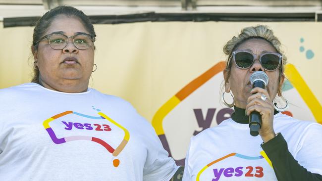 Rowena Welsh-Jarrett and Jacqui Jarrett speak at the Come Together for Yes event in Sydney on Sunday. Picture: NCA NewsWire/ Monique Harmer