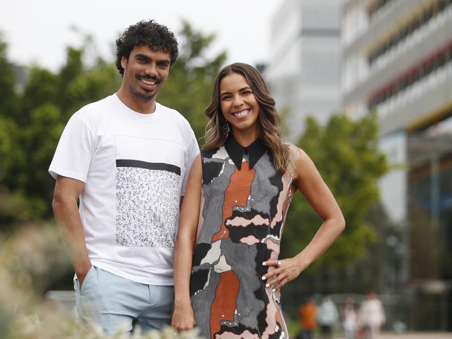 Yokayi Footy hosts Tony Armstrong and Megan Waters. Picture: Dylan Burns/AFL Photos.