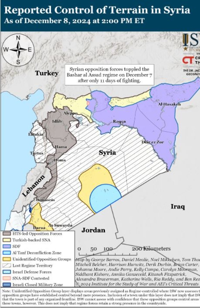 A map of reported control of terrain in Syria from the Institute for the Study of War.