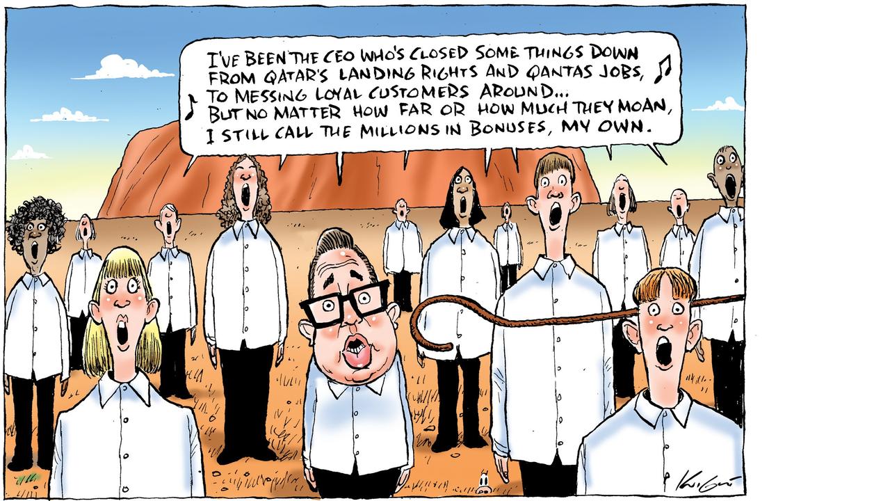 Mark Knight re-imagines the iconic Qantas ad as CEO Alan Joyce exits stage left to zero applause.