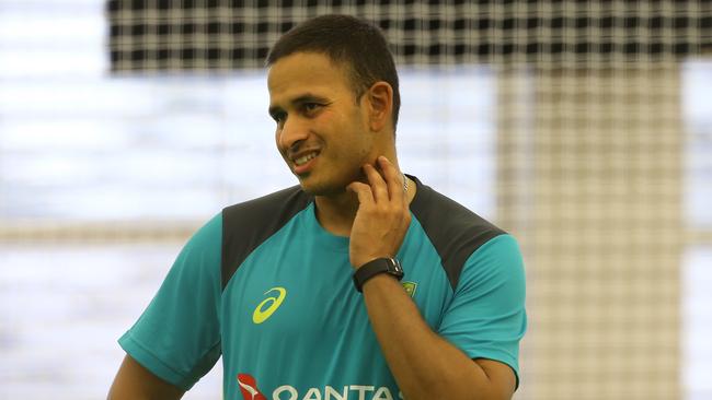 Australian bastman Usman Khawaja at an indoor training session at Allan Border Field in Brisbane on Saturday.