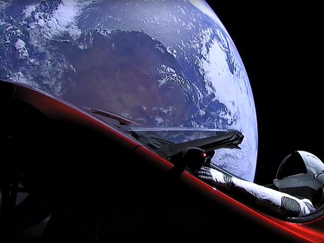 SpaceX CEO Elon Musk's cherry red Tesla roadster after the Falcon Heavy rocket delivered it into orbit around the Earth. Picture: AFP