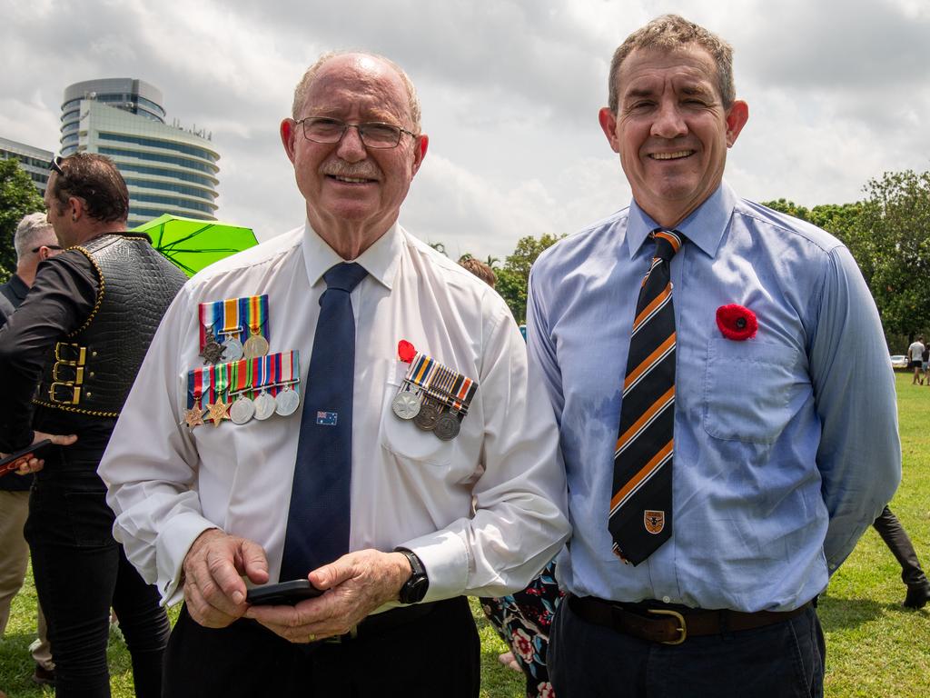 Peter Styles and Gerard Maley the Darwin Cenotaph's Remembrance Day service, 2023. Picture: Pema Tamang Pakhrin