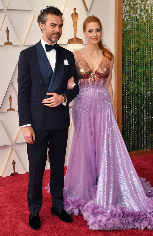 Jessica Chastain and husband Gian Luca Passi de Preposulo. Picture: Angela Weiss/AFP