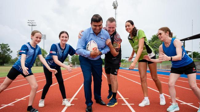 Minister Jinson Charls with 2025 Sports Awards Finalists (L to R) Matilda Mobsby and Alaina Kman (Arafura Calisthenics Club), Leon Cleal (Ruby League), Macey Sheridan (Swimming) and Alison Reidy (athletics)