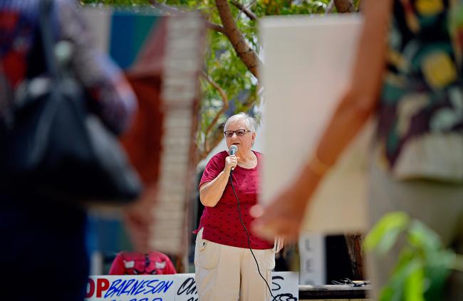 Planning Action Network NT’s Margaret Clinch speaking at the rally in Raintree Park to halt the development of Barneson Boulevard in 2017. Picture: Michael Franchi