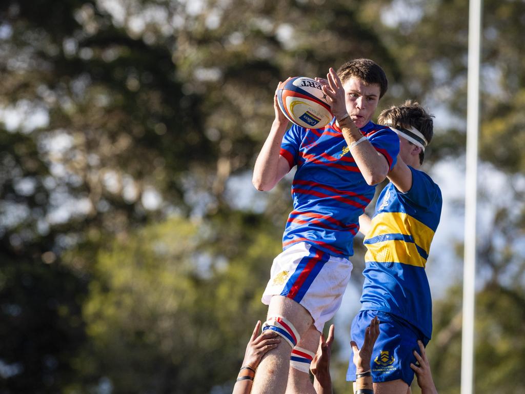 Mac Koch gets possession for Downlands against Grammar in O'Callaghan Cup on Grammar Downlands Day at Downlands College, Saturday, August 6, 2022. Picture: Kevin Farmer