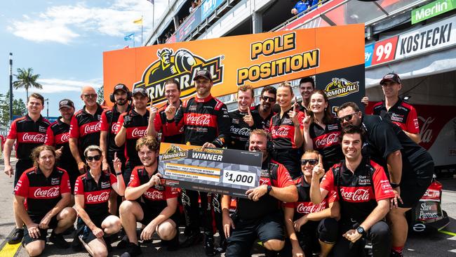 Brodie Kostecki celebrates after taking pole position for race 1, part of the 2023 Supercars Championship Series. Picture: Getty Images