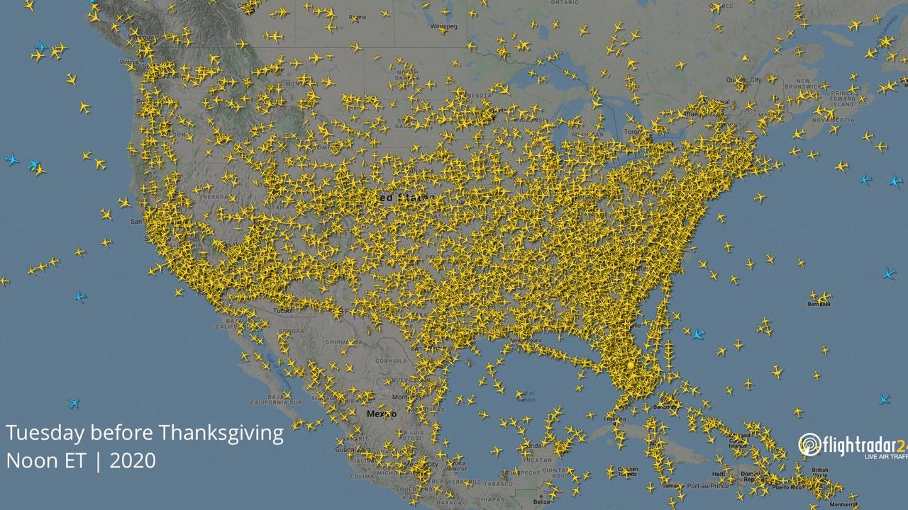 At 12pm on the Tuesday before Thanksgiving this year there were 6972 active flights in North America. Picture: Flightradar24