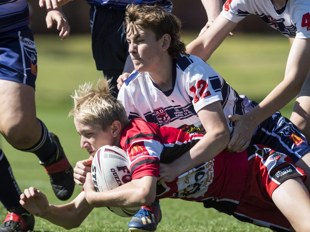 Jackson Winnet of Valleys is tackled by Nate Trudgett of Brothers in under-13 boys Toowoomba Junior Rugby League grand final at Clive Berghofer Stadium, Saturday, September 11, 2021. Picture: Kevin Farmer