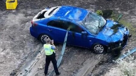 A man has died after his vehicle veered off the road and crashed into a dam at Sawyers Valley near Perth on June 26, 2024. Picture: 7News