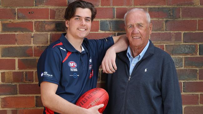 Toby Wooller with his grandfather Fred Wooller in 2017. Toby will now join his grandfather who played at Kyabram. Picture: David Crosling