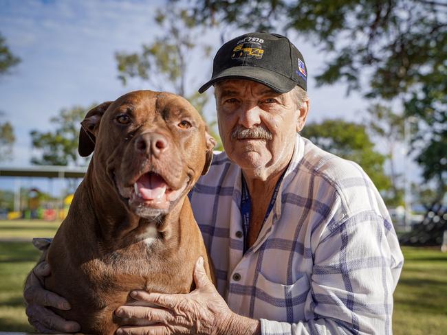 Grandfather Denis George, pictured with dog Max who he got after putting down Choc, says he was forced to live in Moranbah unable to find public housing in Mackay. Picture: Heidi Petith