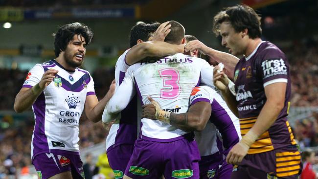 Storm centre Cheyse Blair celebrates scoring a try against the Broncos. Picture: Darren England